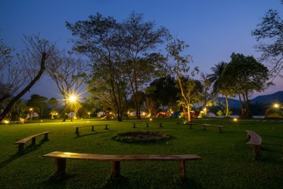 Backyard with outdoor solar lanterns